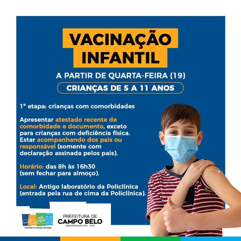 Prefeitura de Campo Belo inicia amanhã a vacinação de crianças de 5 a 11 anos com deficiência ou com comorbidades.