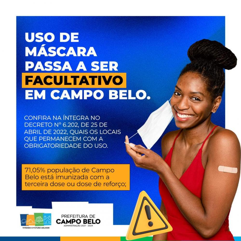 Prefeitura de Campo Belo torna facultativo uso de máscaras em locais fechados. 