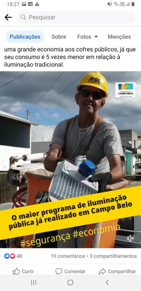Prefeitura de Campo Belo segue modernizando iluminação pública de Campo Belo com novas lâmpadas de LED