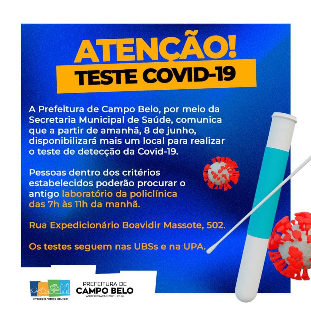 Prefeitura de Campo Belo disponibiliza mais um local para teste de Covid-19.