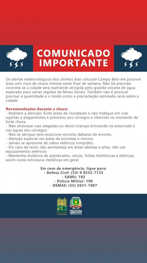 Prefeitura de Campo Belo orienta a população a se precaver em período de fortes chuvas.