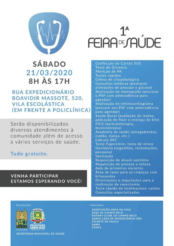 Feira de Saúde oferecerá diversos serviços médicos gratuitos em Campo Belo.