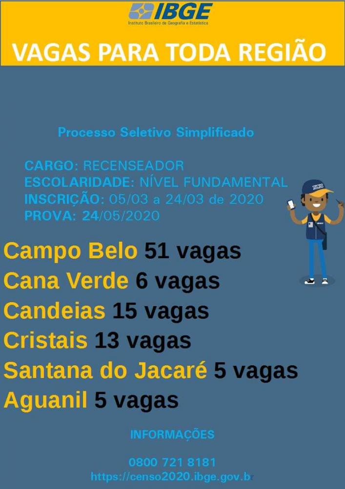 IBGE ABRE 59 VAGAS DE TRABALHO TEMPORÁRIO PARA CAMPO BELO-MG