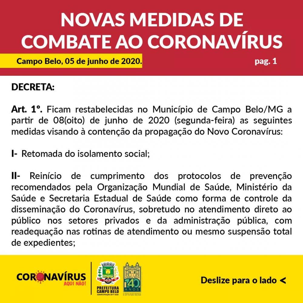 Prefeitura de Campo Belo baixa Decreto com medidas de combate ao Coronavírus que engloba interrupção de funcionamento de vários setores. 