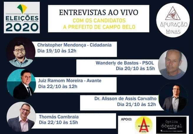 A partir de segunda-feira dia 19/10, vamos conhecer as propostas dos candidatos ao cargo de Prefeito da cidade de Campo Belo.