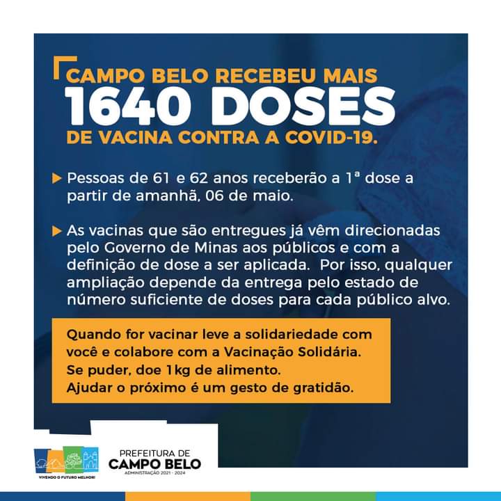 Amanhã, 06 de maio, a Secretaria Municipal de Saúde de Campo Belo, dará início a mais um grupo prioritário contra a Covid-19. 